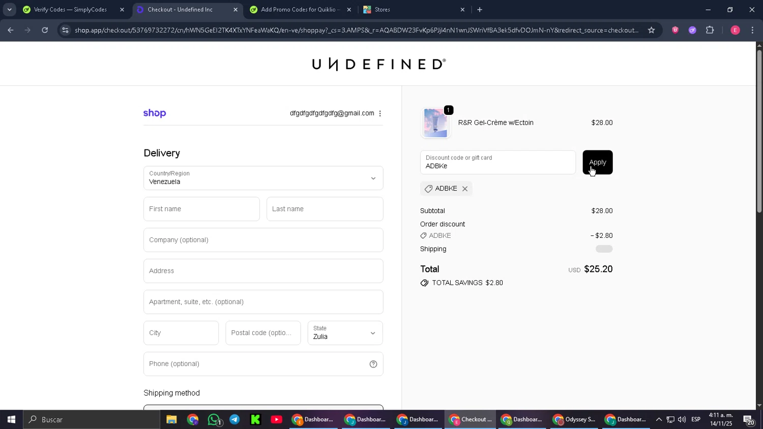 Undefined promo code screenshot showing code ADBKe applied at Undefined checkout page. Uploaded by SimplyCodes community member CouponGuardian8137 on Nov 14, 2025
