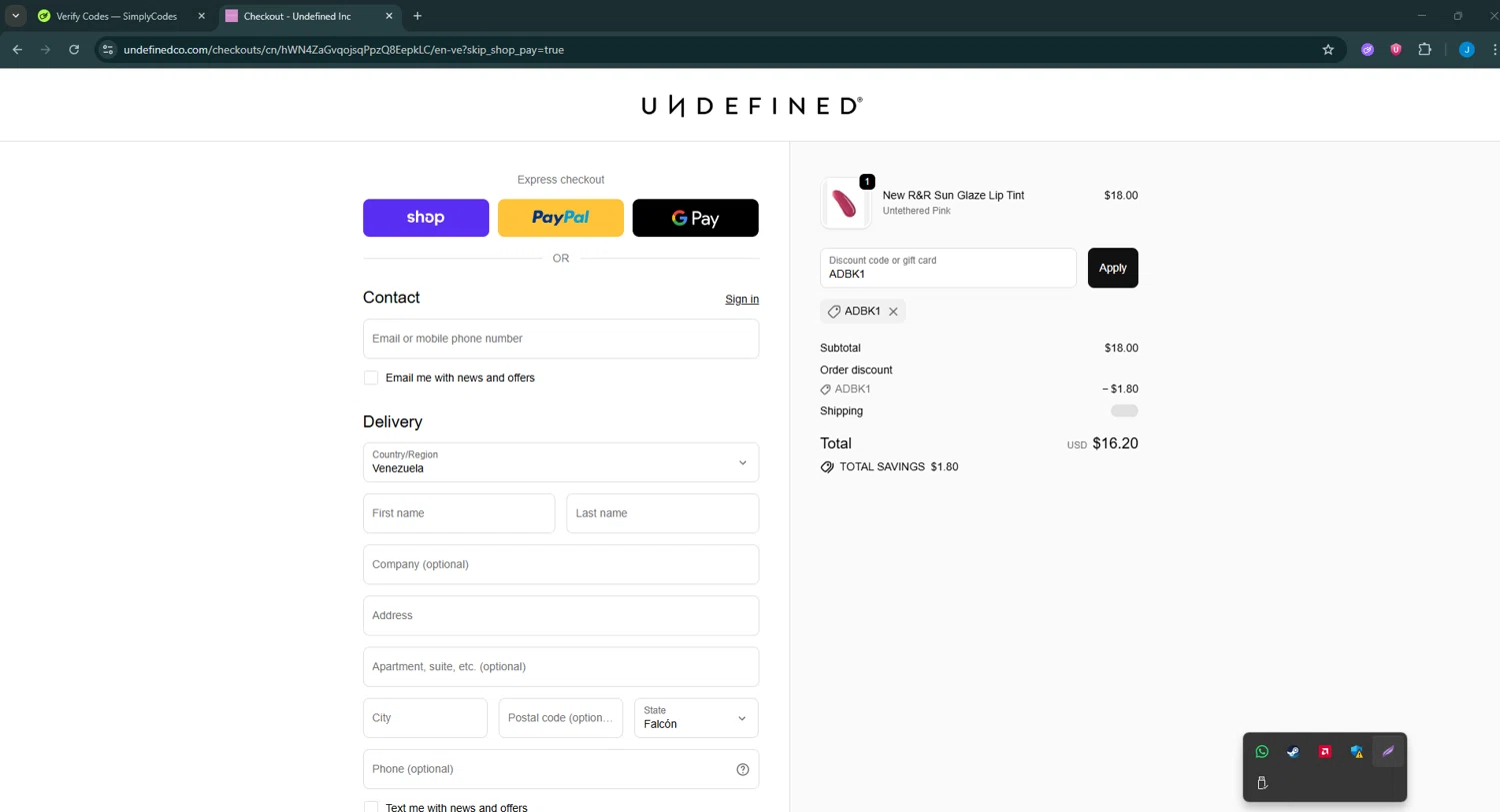Undefined promo code screenshot showing code ADBK1 applied at Undefined checkout page. Uploaded by SimplyCodes community member BargainGuardian280 on Oct 26, 2025
