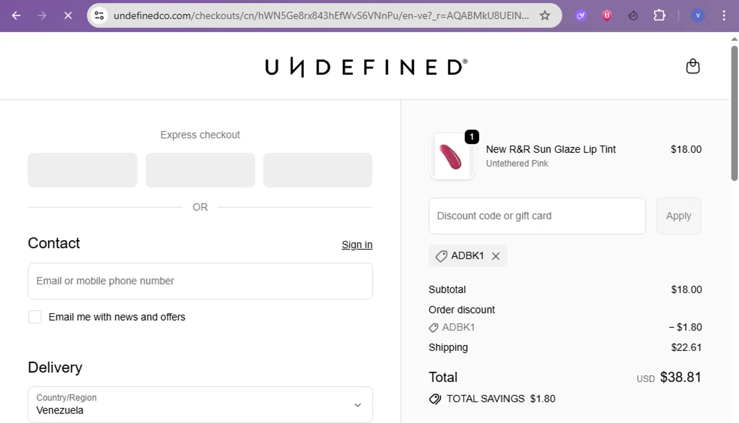 Undefined promo code screenshot showing code ADBK1 applied at Undefined checkout page. Uploaded by SimplyCodes community member beatrizcastillo on Nov 14, 2025