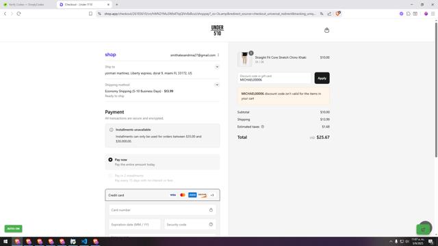 Under 5'10 checkout page showing Under 5'10 discount code box | Screenshot taken by SimplyCodes community member on Sep 3, 2025