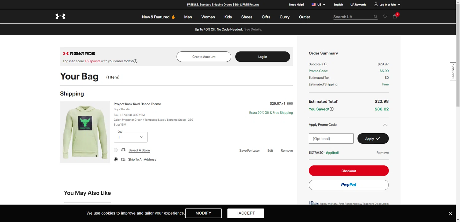 Under Armour promo code screenshot showing code EXTRA20 applied at Under Armour checkout page. Uploaded by SimplyCodes community member CrownTiger6508 on Dec 13, 2025