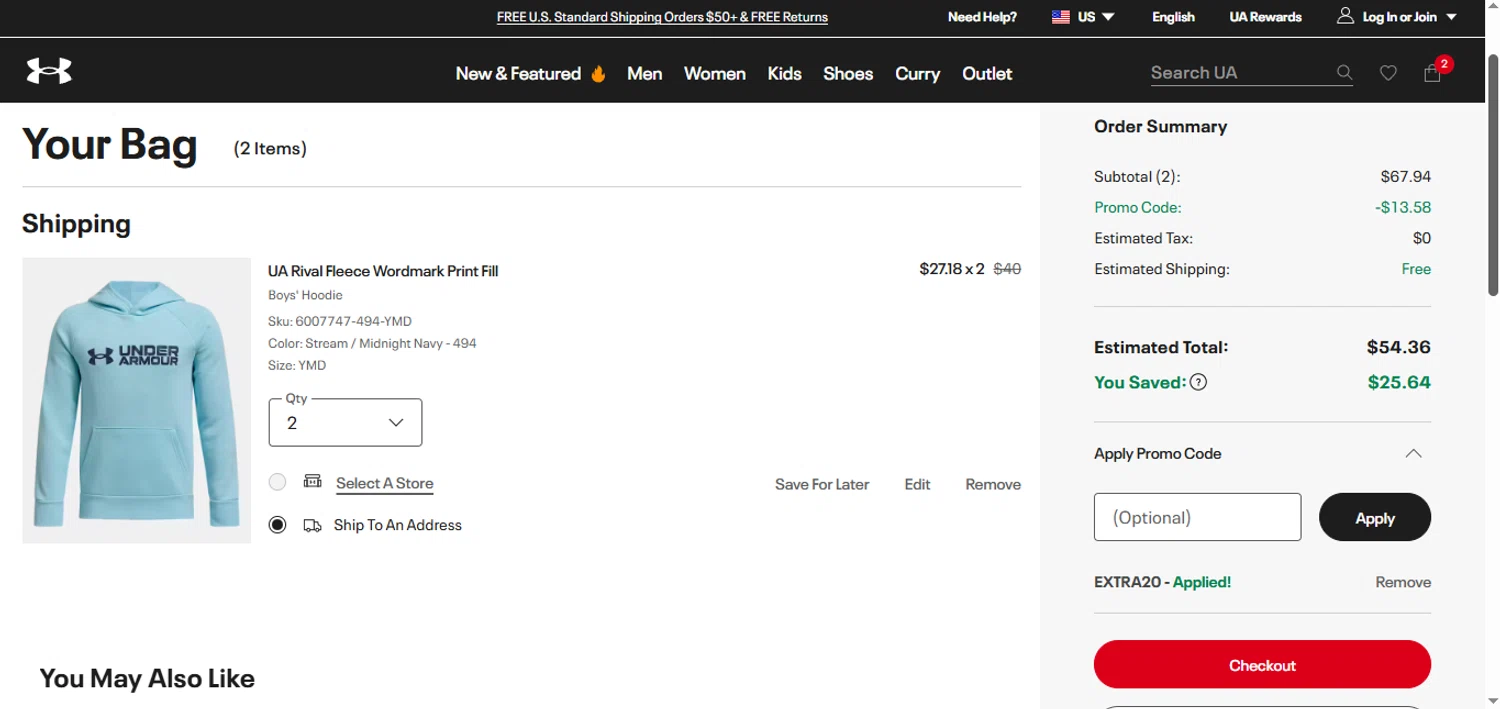 Under Armour promo code screenshot showing code EXTRA20 applied at Under Armour checkout page. Uploaded by SimplyCodes community member gonzalodamole on Oct 28, 2025