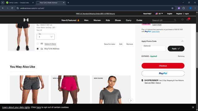 Under Armour checkout page showing Under Armour promo code box | Screenshot taken by SimplyCodes community member on Jul 7, 2025