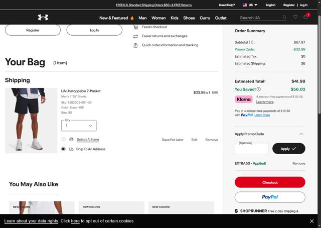 Under Armour checkout page showing Under Armour promo code box | Screenshot taken by SimplyCodes community member on Jul 2, 2025