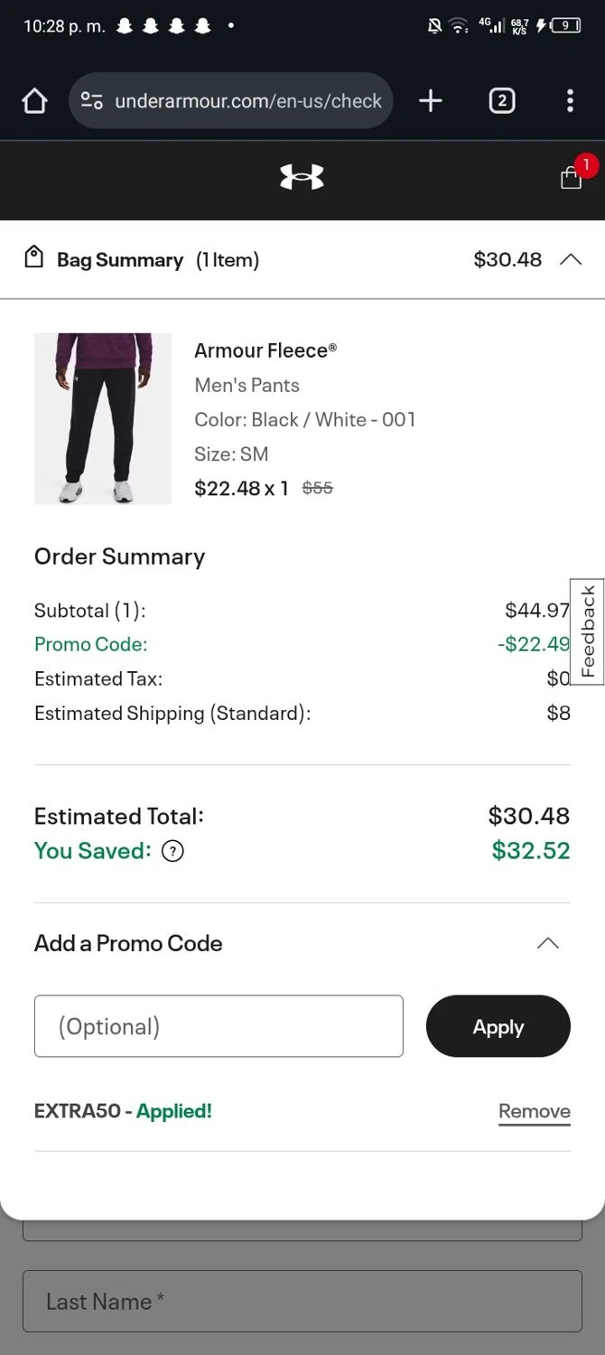 Under Armour checkout page showing Under Armour promo code box | Screenshot taken by SimplyCodes community member on Nov 23, 2025