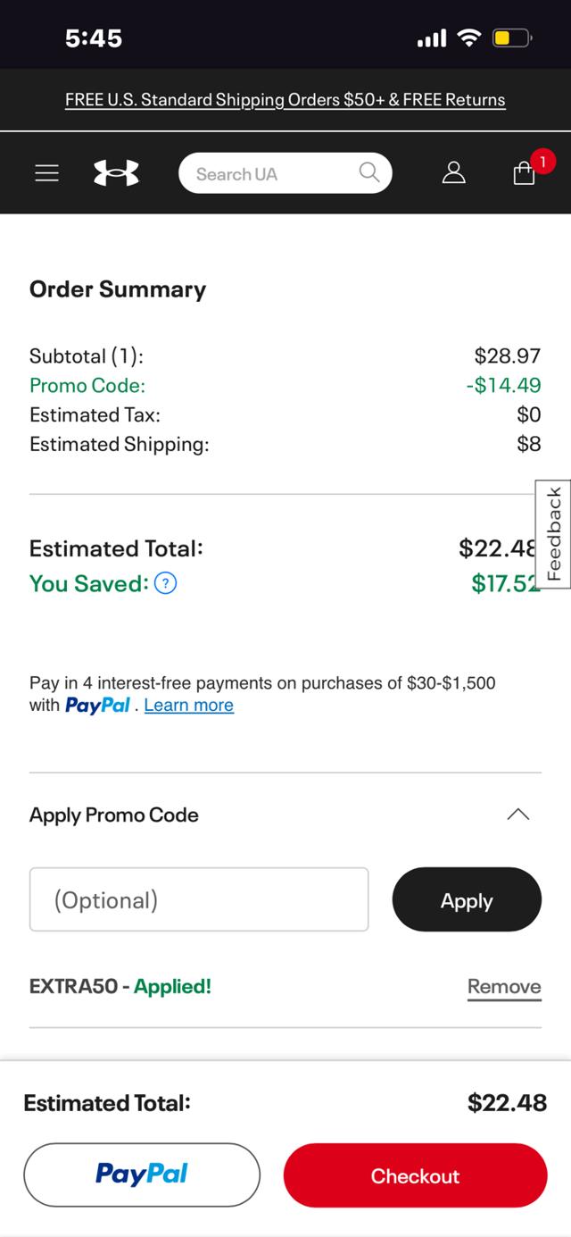 Under Armour checkout page showing Under Armour promo code box | Screenshot taken by SimplyCodes community member on Sep 30, 2025