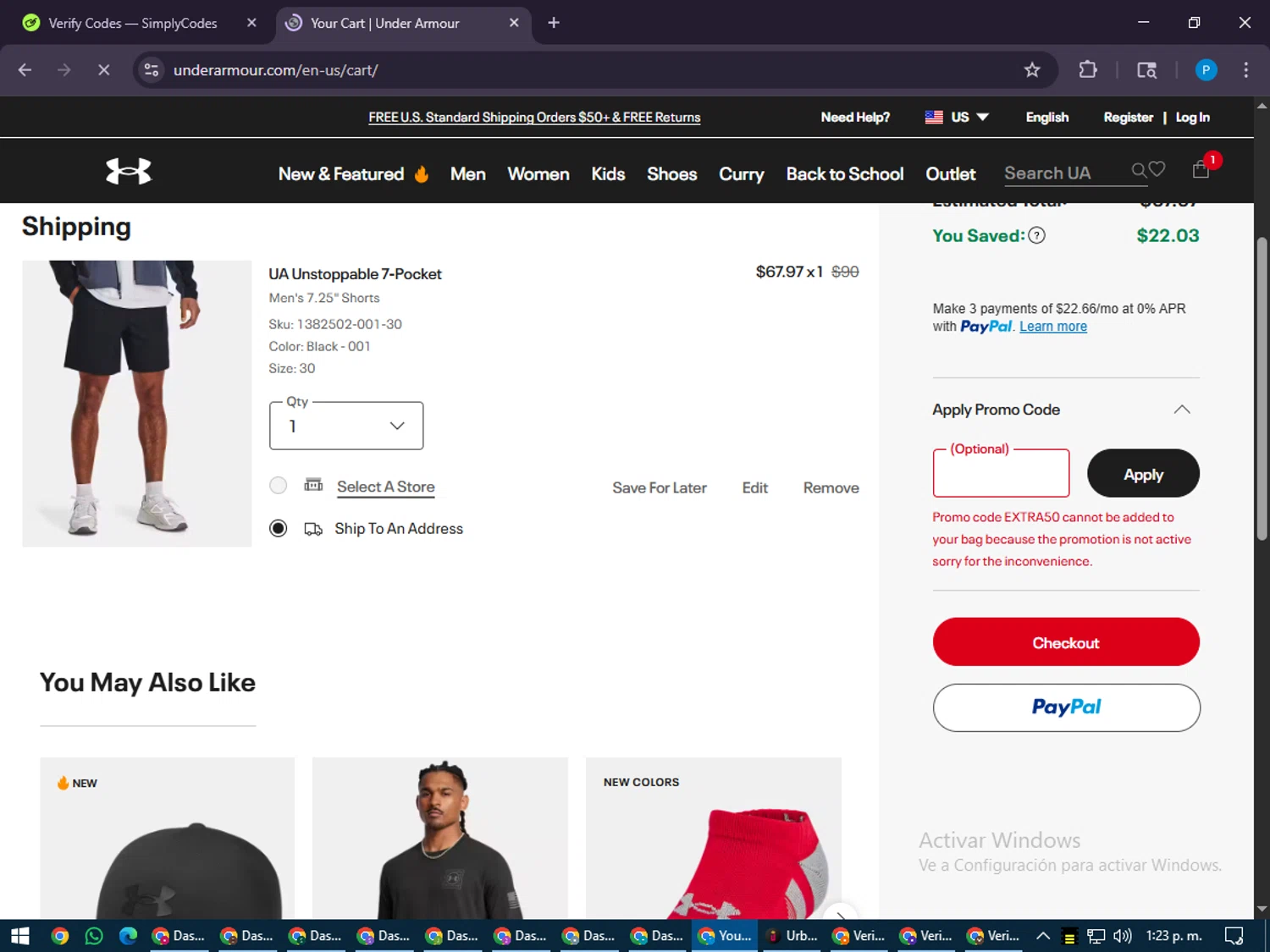 Under Armour promo code screenshot showing code EXTRA50 applied at Under Armour checkout page. Uploaded by SimplyCodes community member juiceWRLD on Jul 12, 2025