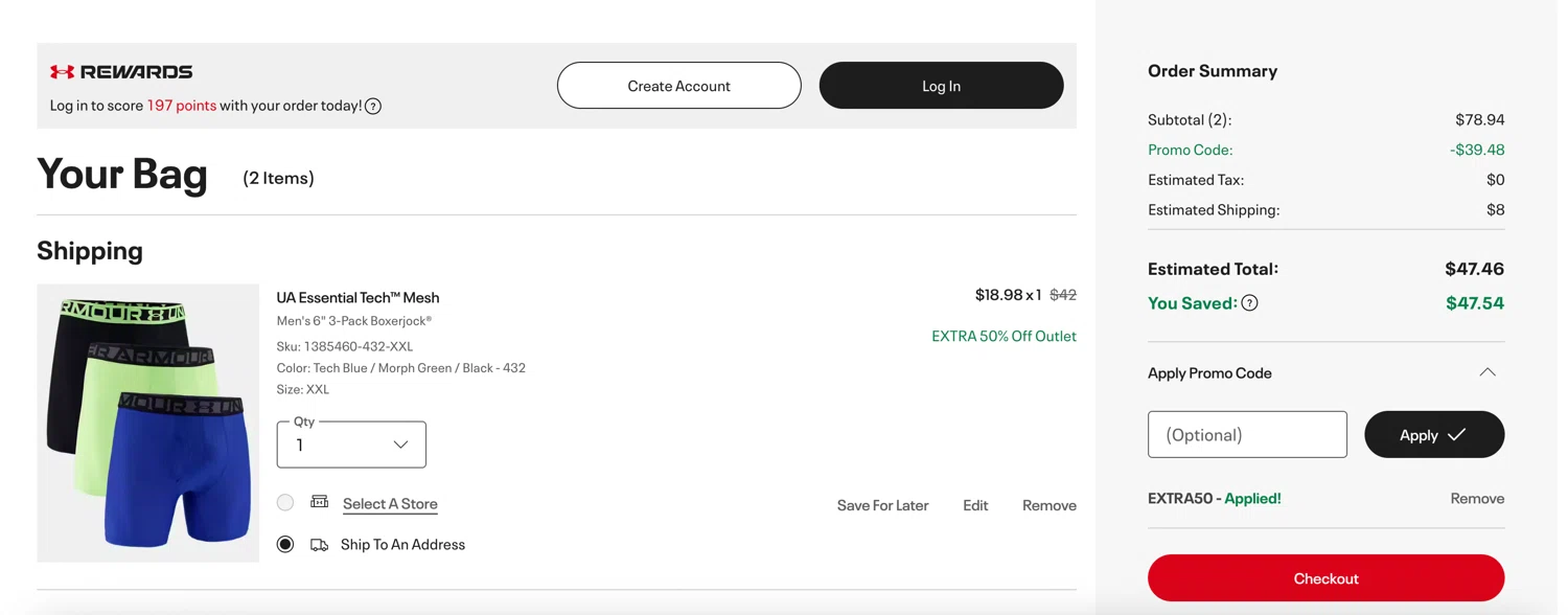 Under Armour promo code screenshot showing code EXTRA50 applied at Under Armour checkout page. Uploaded by SimplyCodes community member sweetdealz19 on Jan 16, 2026