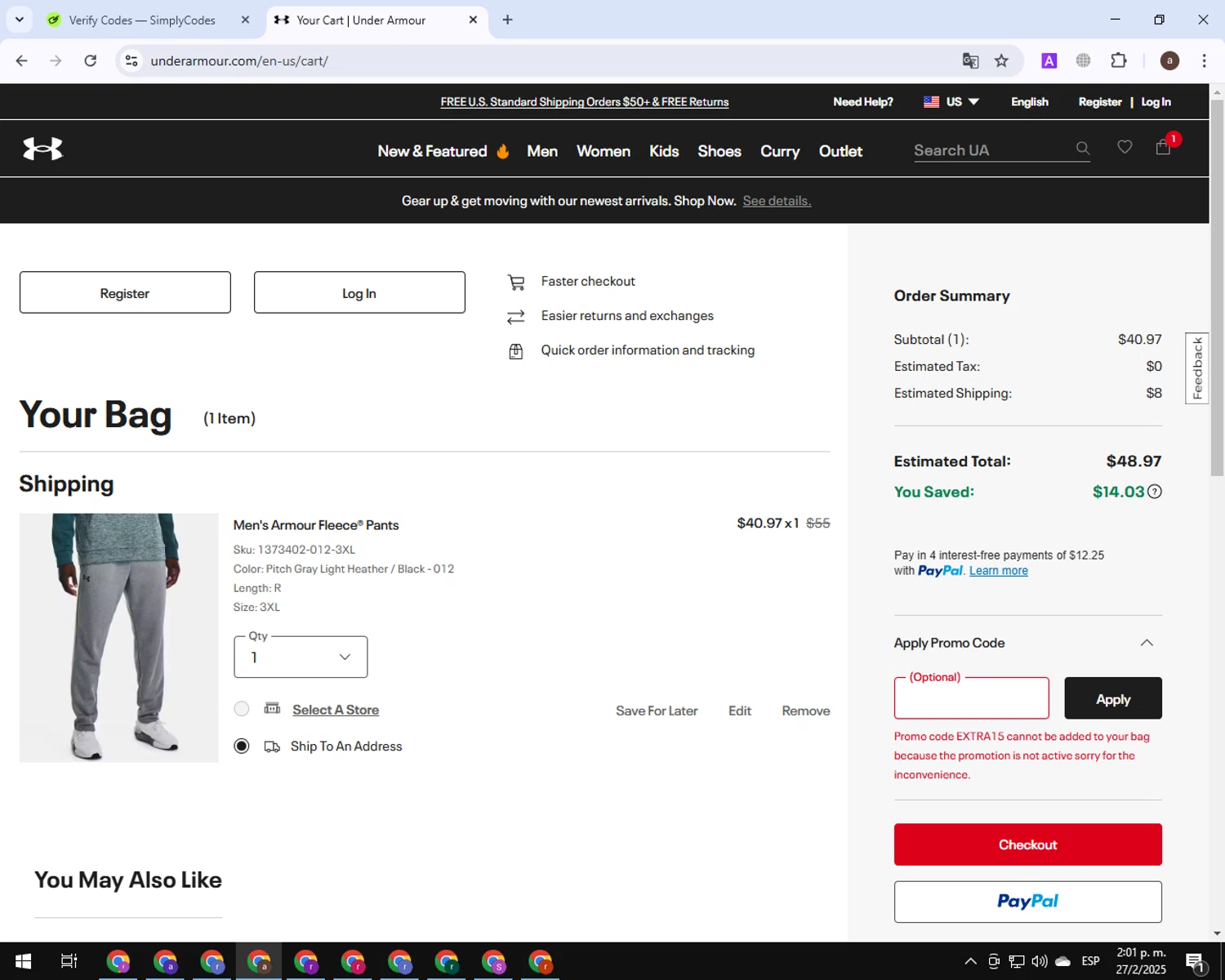 Under Armour promo code screenshot showing code EXTRA15 applied at Under Armour checkout page. Uploaded by SimplyCodes community member BonusGuardian1649 on Feb 27, 2025