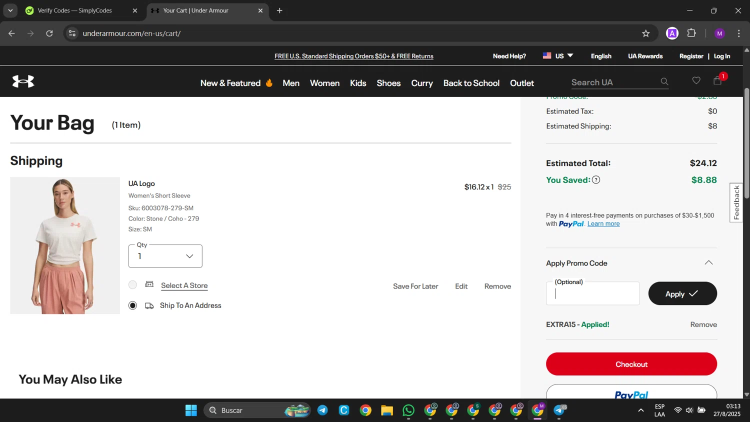Under Armour promo code screenshot showing code EXTRA15 applied at Under Armour checkout page. Uploaded by SimplyCodes community member jinwoo on Aug 27, 2025