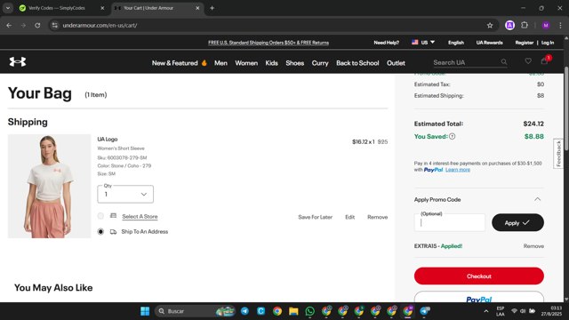 Under Armour checkout page showing Under Armour promo code box | Screenshot taken by SimplyCodes community member on Aug 27, 2025