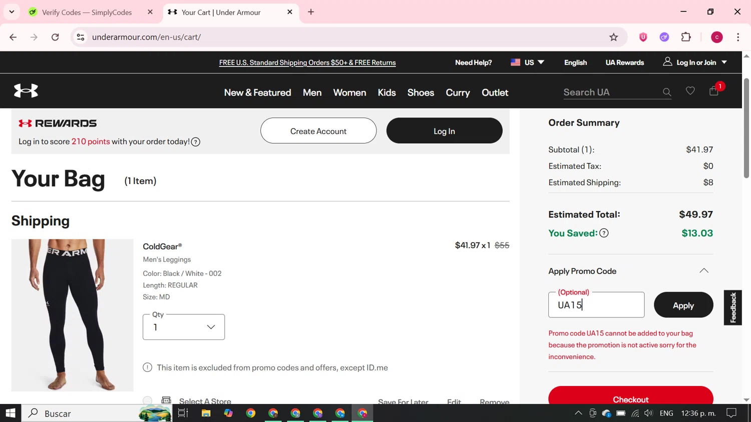 Under Armour checkout page showing Under Armour promo code box | Screenshot taken by SimplyCodes community member on Jan 28, 2026