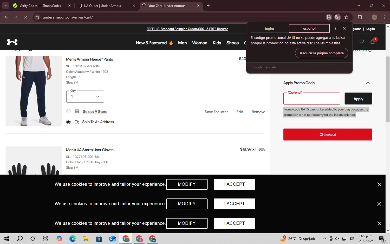 Under Armour promo code screenshot showing code UA15 applied at Under Armour checkout page. Uploaded by SimplyCodes community member CrownChaser949 on Feb 24, 2025