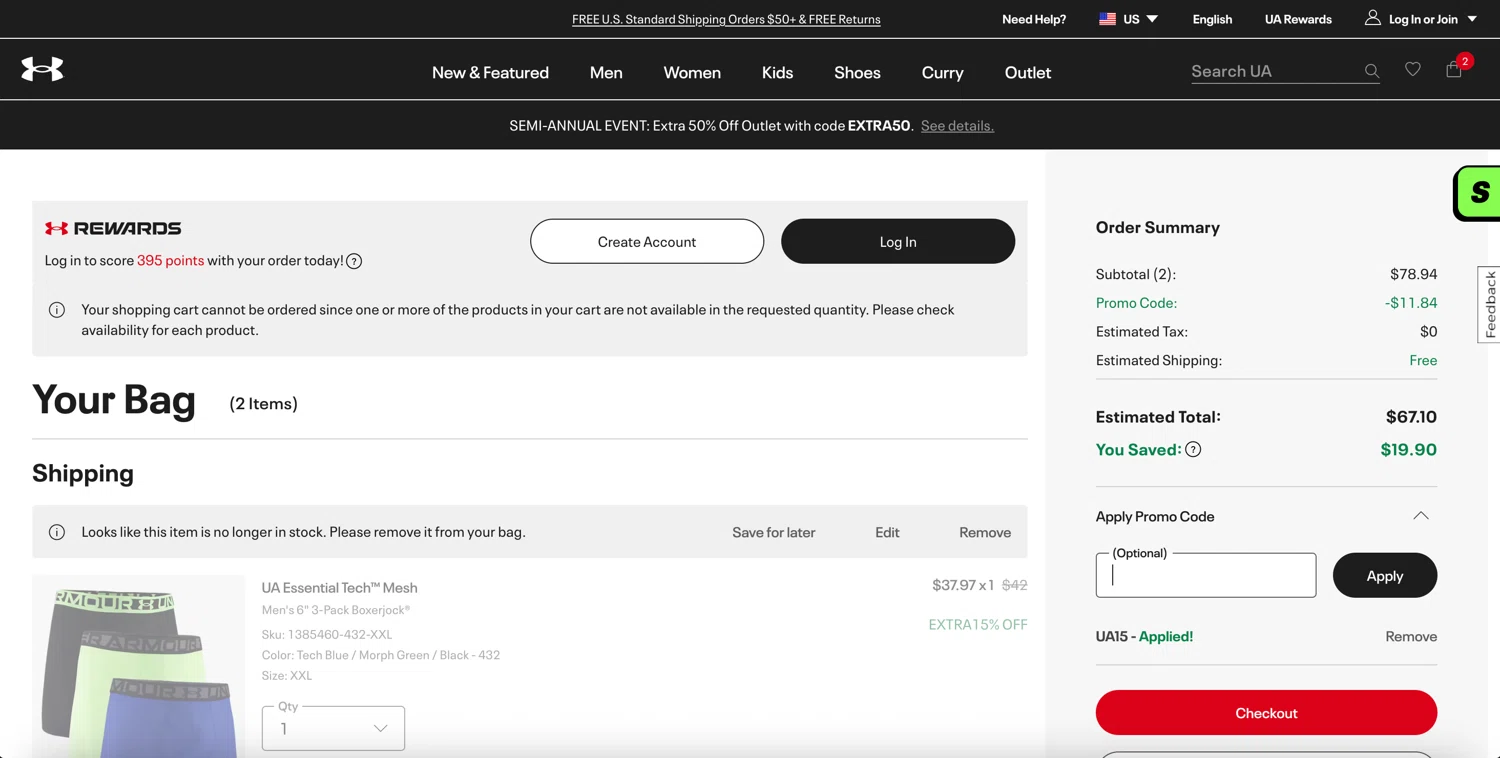 Under Armour promo code screenshot showing code UA15 applied at Under Armour checkout page. Uploaded by SimplyCodes community member sweetdealz19 on Jan 18, 2026
