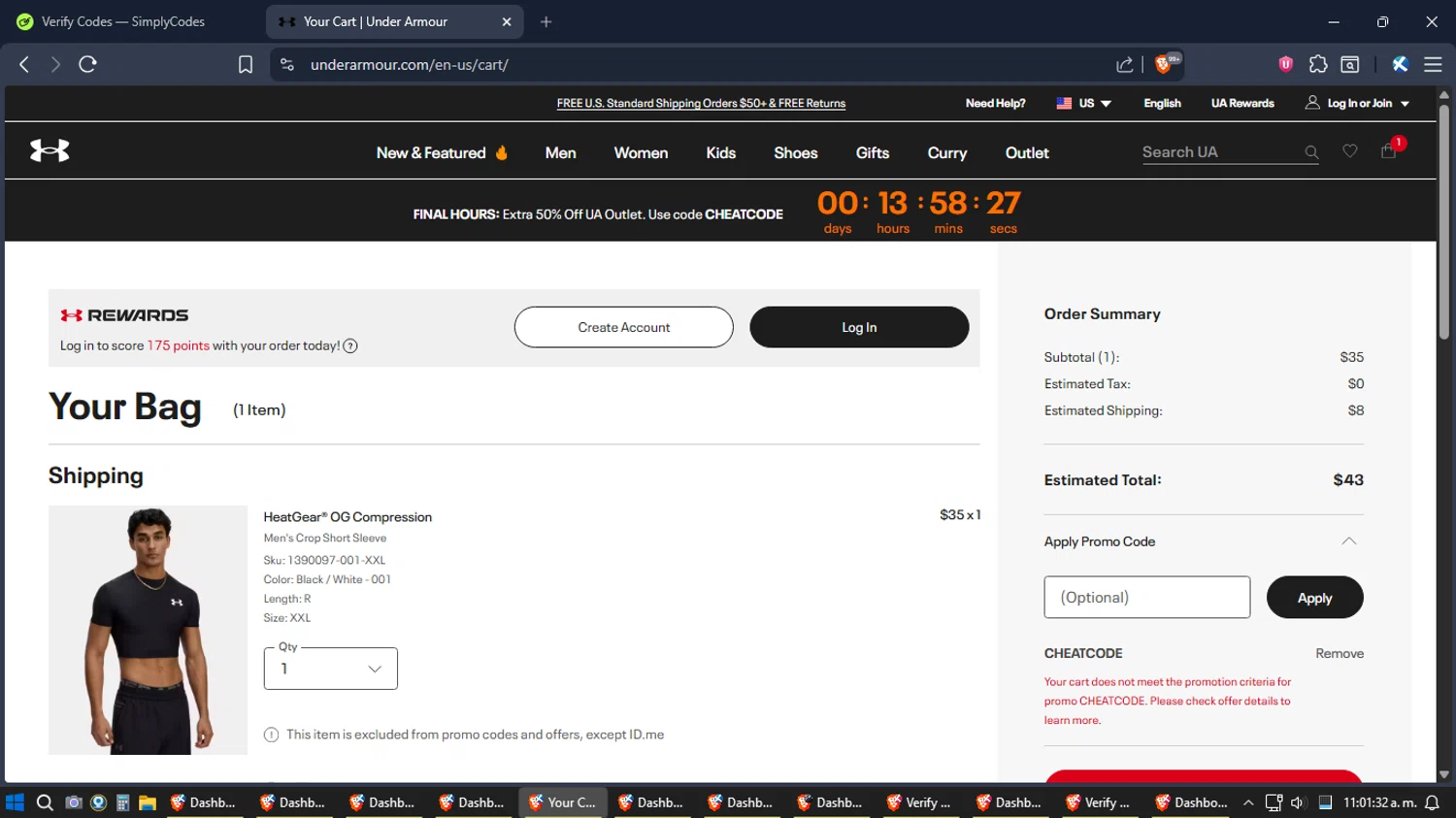 Under Armour promo code screenshot showing code CHEATCODE applied at Under Armour checkout page. Uploaded by SimplyCodes community member SoulPower on Dec 9, 2025