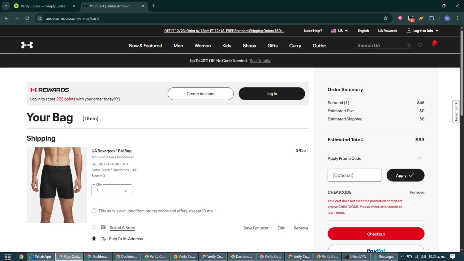 Under Armour promo code screenshot showing code CHEATCODE applied at Under Armour checkout page. Uploaded by SimplyCodes community member VoucherCurator824 on Dec 16, 2025