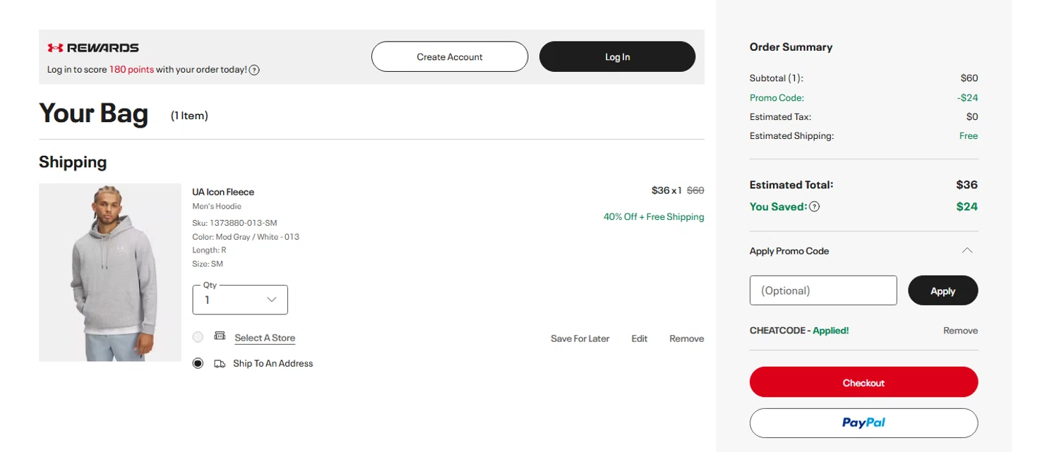 Under Armour promo code screenshot showing code CHEATCODE applied at Under Armour checkout page. Uploaded by SimplyCodes community member CouponWarden4757 on Nov 27, 2025