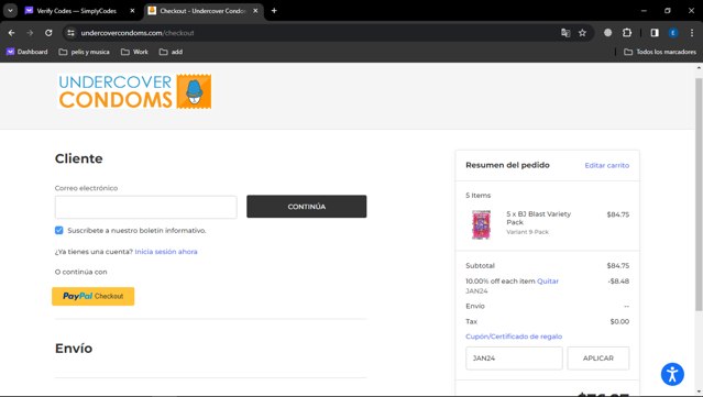 Undercover Condoms checkout page showing Undercover Condoms promo code box | Screenshot taken by SimplyCodes community member on Jan 20, 2024