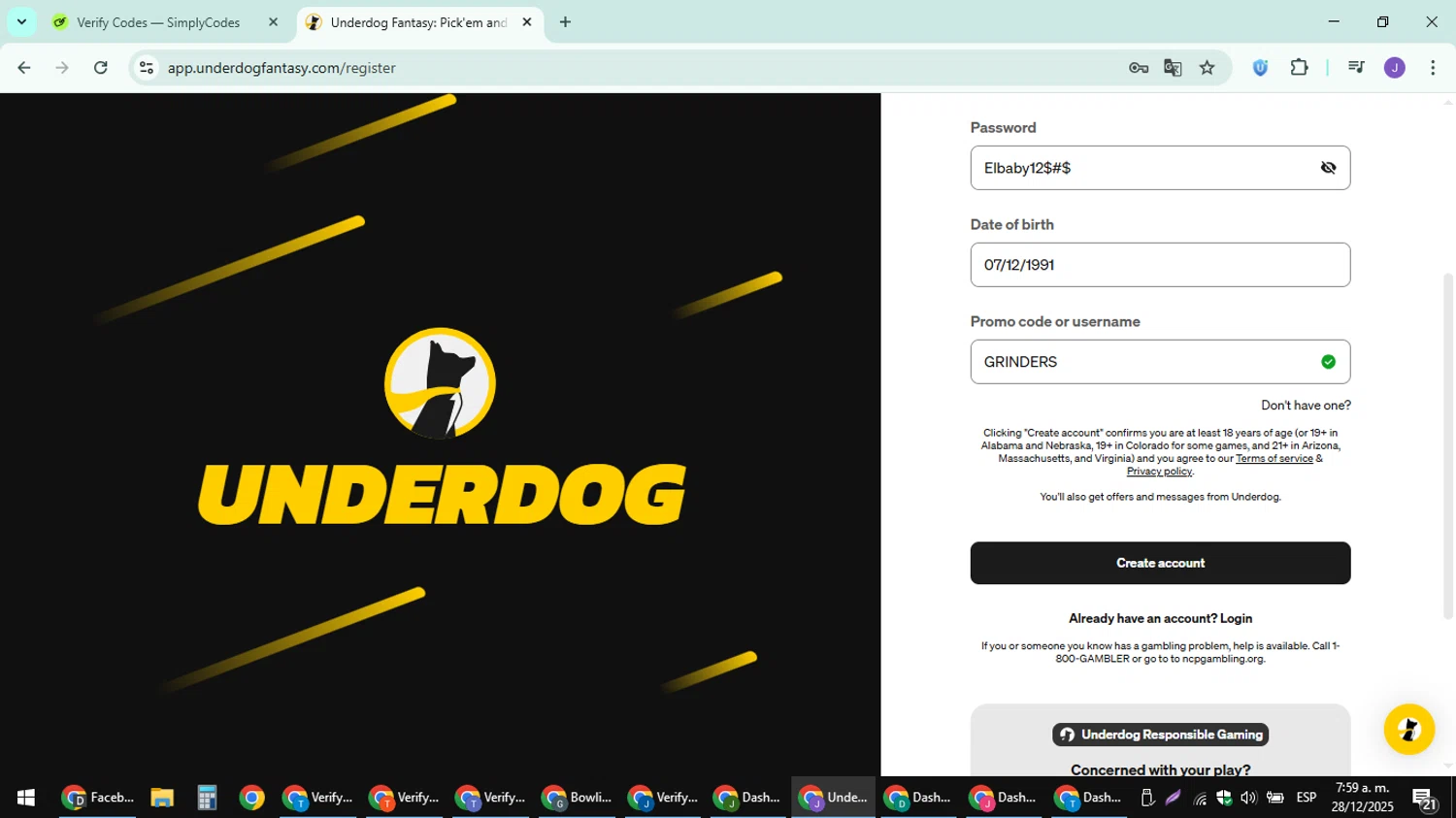 Underdog Fantasy promo code screenshot showing code GRINDERS applied at Underdog Fantasy checkout page. Uploaded by SimplyCodes community member sniderjack453 on Dec 28, 2025
