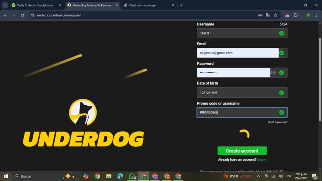 Underdog Fantasy checkout page showing Underdog Fantasy promo code box | Screenshot taken by SimplyCodes community member on Apr 29, 2025