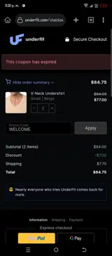 Underfit coupon verification screenshot