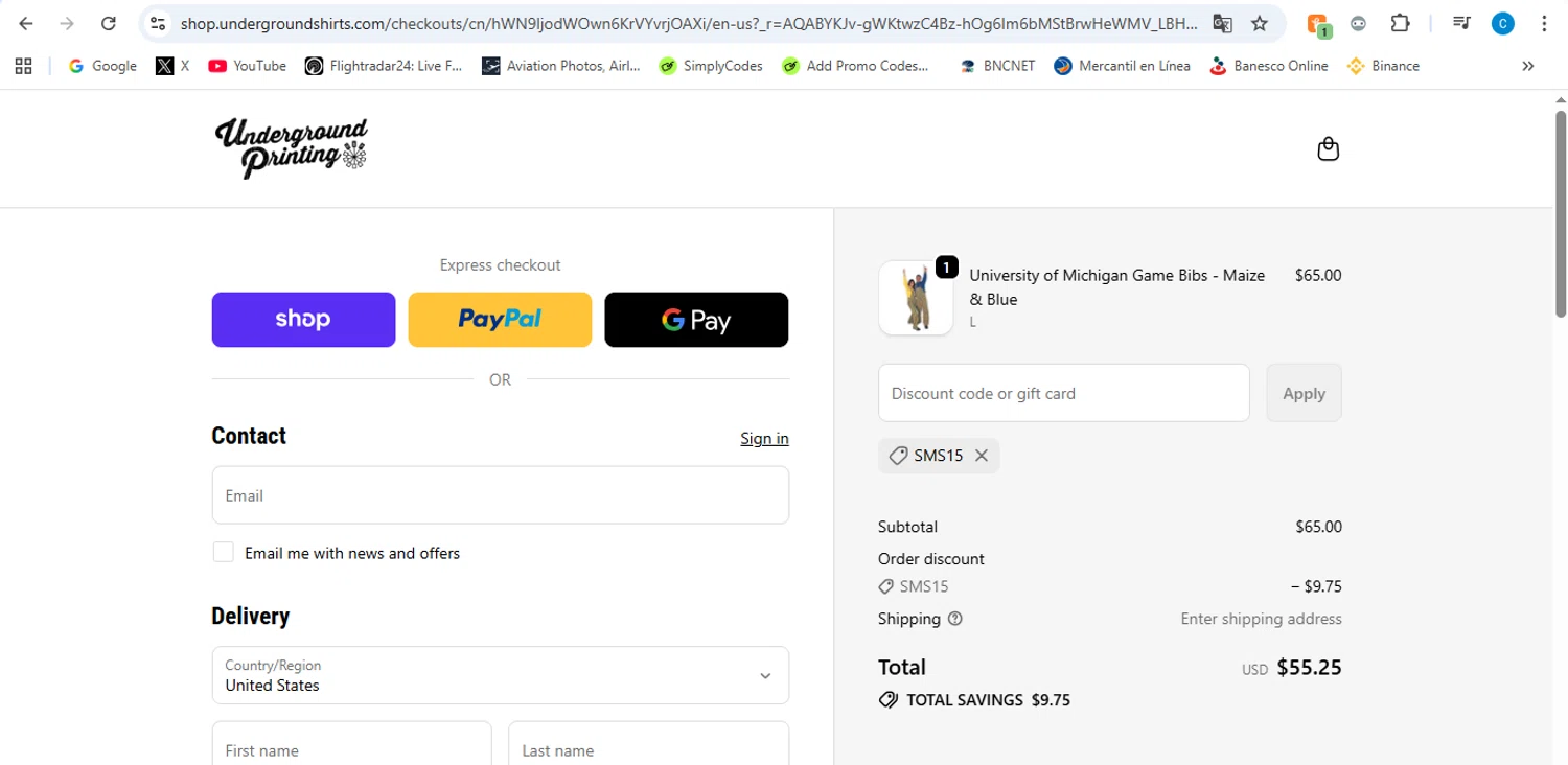 Underground Printing promo code screenshot showing code SMS15 applied at Underground Printing checkout page. Uploaded by SimplyCodes community member victor on Apr 12, 2026