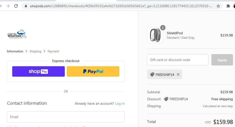 Under the Weather checkout page showing Under the Weather promo code box | Screenshot taken by SimplyCodes community member on Feb 5, 2021