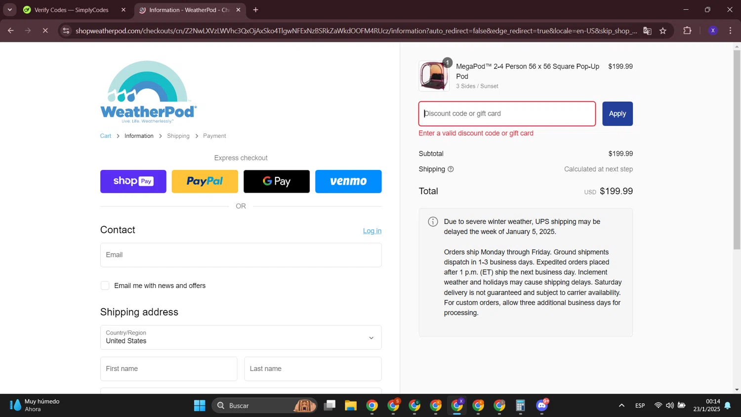 Under the Weather promo code screenshot showing code FREESHIP622 applied at Under the Weather checkout page. Uploaded by SimplyCodes community member LewisHamilton on Jan 23, 2025