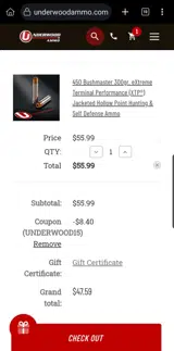 Underwood Ammo coupon verification screenshot