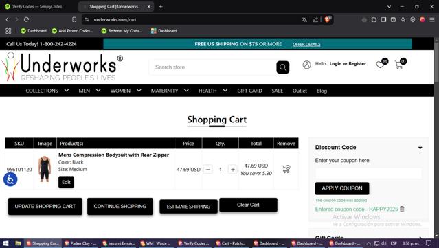 Underworks checkout page showing Underworks coupon code box | Screenshot taken by SimplyCodes community member on Mar 3, 2025