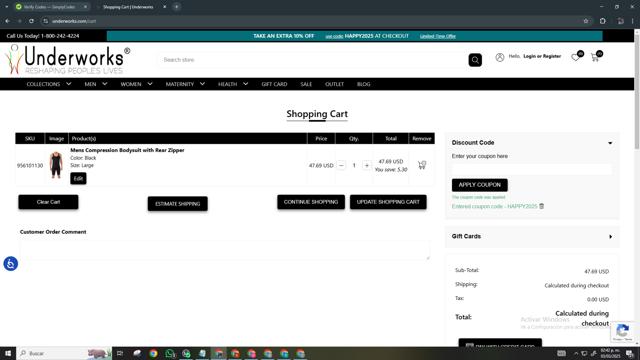 Underworks checkout page showing Underworks coupon code box | Screenshot taken by SimplyCodes community member on Mar 3, 2025
