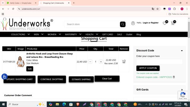 Underworks checkout page showing Underworks coupon code box | Screenshot taken by SimplyCodes community member on Mar 3, 2025