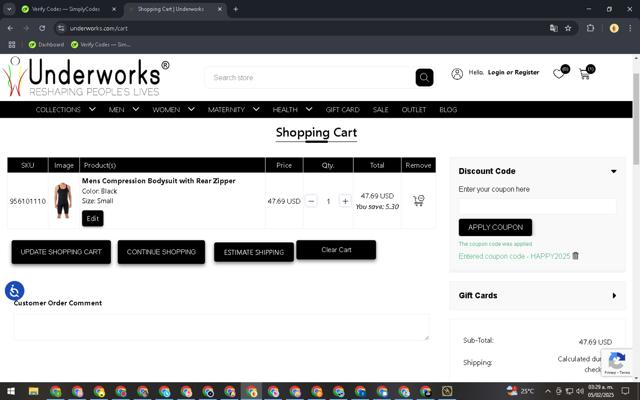 Underworks checkout page showing Underworks coupon code box | Screenshot taken by SimplyCodes community member on Feb 5, 2025