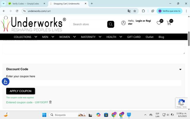 Underworks checkout page showing Underworks coupon code box | Screenshot taken by SimplyCodes community member on May 9, 2025