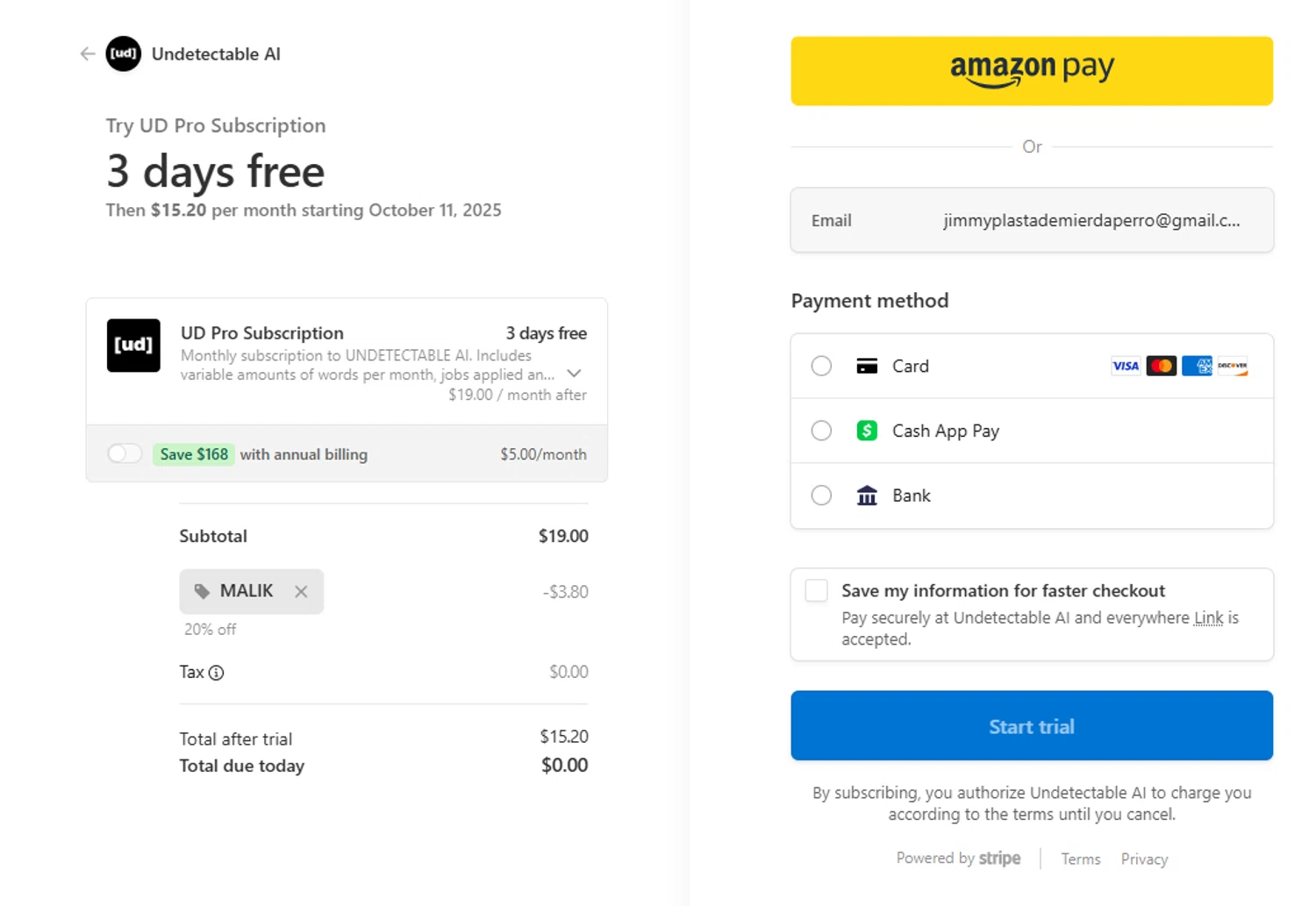 Undetectable.ai promo code screenshot showing code ^MALIK^ applied at Undetectable.ai checkout page. Uploaded by SimplyCodes community member Garengod on Oct 8, 2025