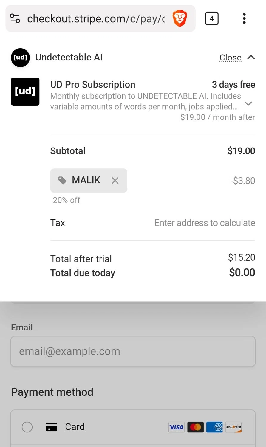 Undetectable.ai promo code screenshot showing code ^MALIK^ applied at Undetectable.ai checkout page. Uploaded by SimplyCodes community member JuanMonge on Sep 9, 2025