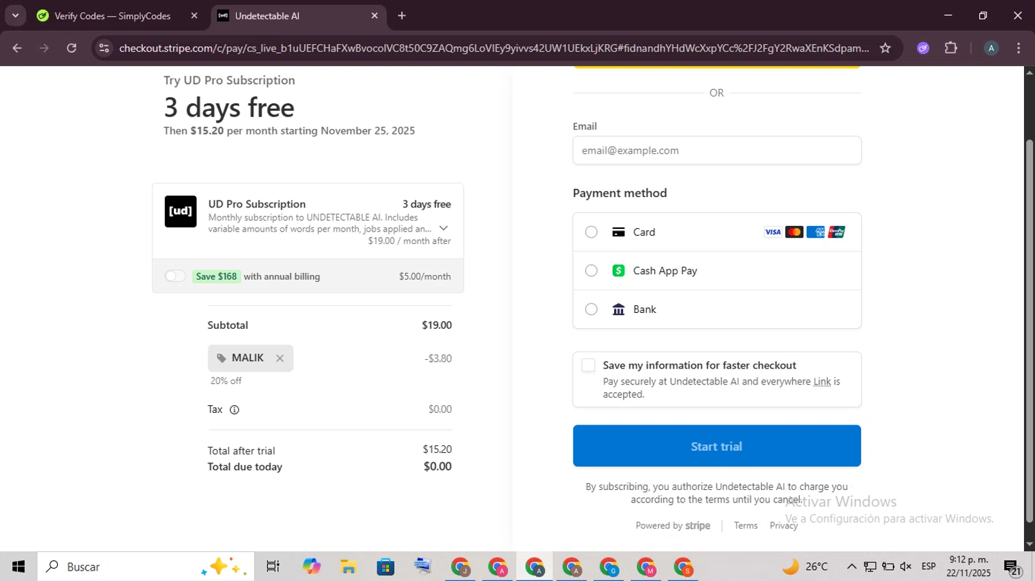 Undetectable.ai promo code screenshot showing code ^MALIK^ applied at Undetectable.ai checkout page. Uploaded by SimplyCodes community member ScanSpotter8851 on Nov 23, 2025