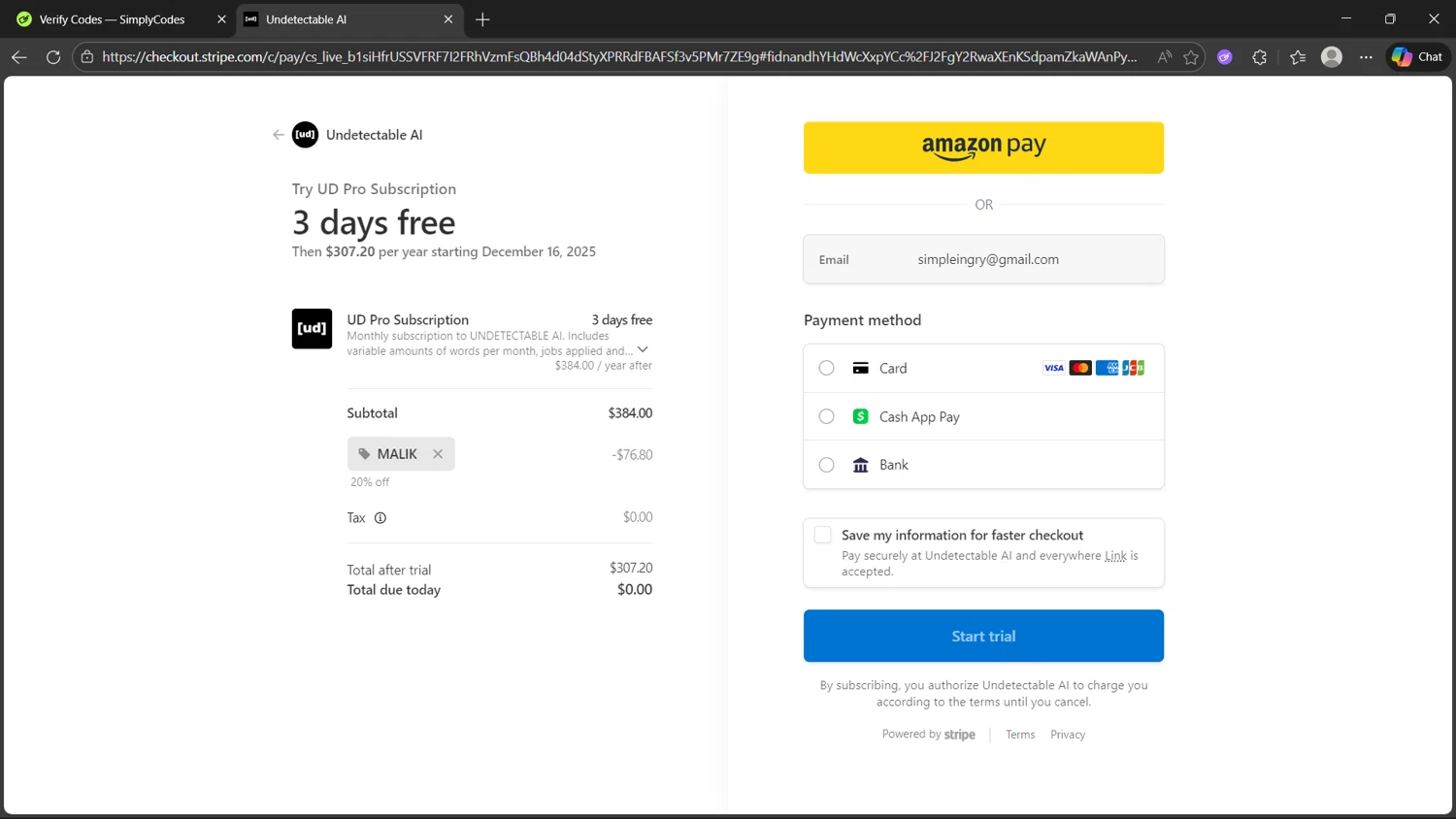 Undetectable.ai promo code screenshot showing code [MALIK] applied at Undetectable.ai checkout page. Uploaded by SimplyCodes community member MightyHunter5940 on Dec 14, 2025
