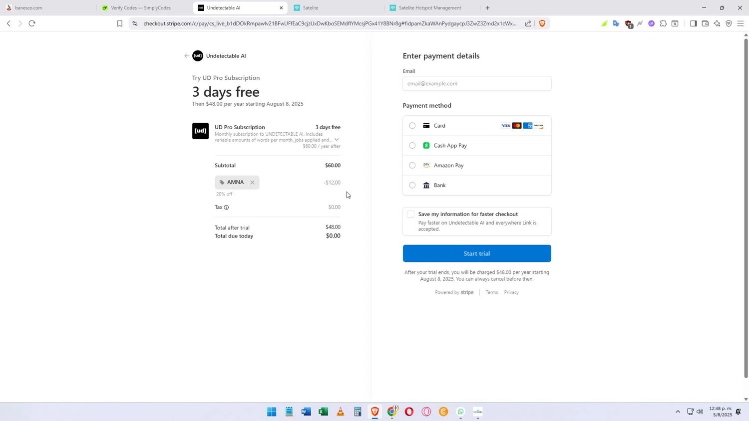 Undetectable.ai promo code screenshot showing code AMNA applied at Undetectable.ai checkout page. Uploaded by SimplyCodes community member Darkosukaru on Aug 5, 2025