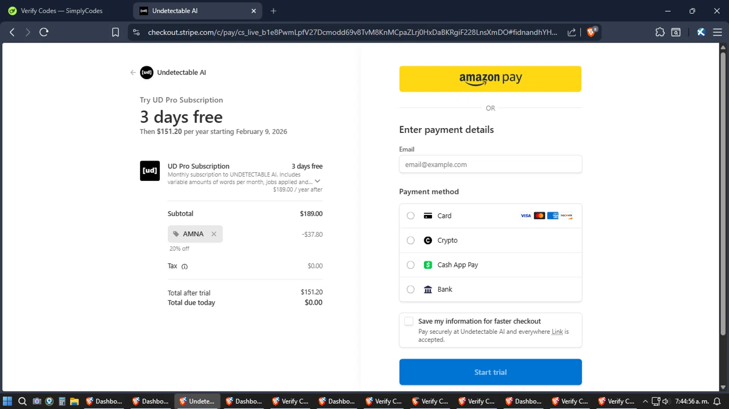Undetectable.ai promo code screenshot showing code AMNA applied at Undetectable.ai checkout page. Uploaded by SimplyCodes community member Jgomez on Feb 6, 2026