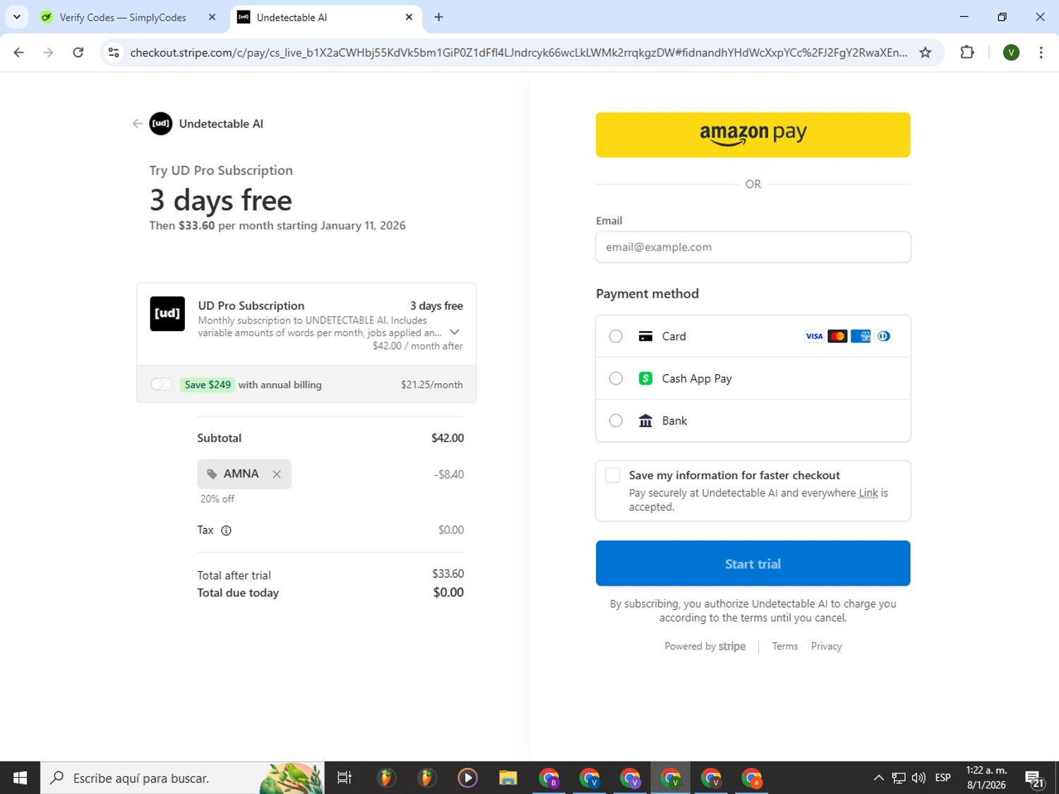 Undetectable.ai checkout page showing Undetectable.ai promo code box | Screenshot taken by SimplyCodes community member on Jan 8, 2026
