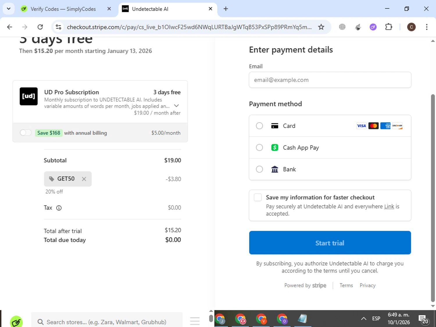 Undetectable.ai checkout page showing Undetectable.ai promo code box | Screenshot taken by SimplyCodes community member on Jan 10, 2026