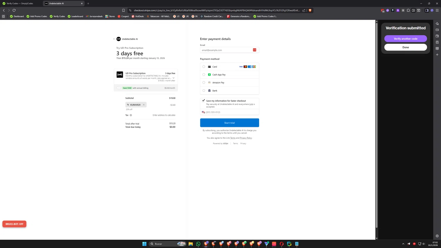 Undetectable.ai promo code screenshot showing code KUMAR20 applied at Undetectable.ai checkout page. Uploaded by SimplyCodes community member ilarrazam7 on Jan 10, 2026
