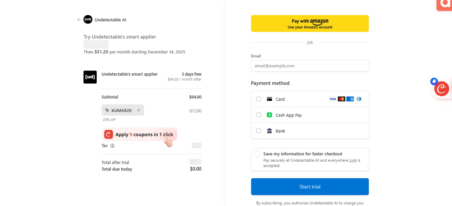 Undetectable.ai promo code screenshot showing code KUMAR20 applied at Undetectable.ai checkout page. Uploaded by SimplyCodes community member ESTHER3121 on Dec 12, 2025