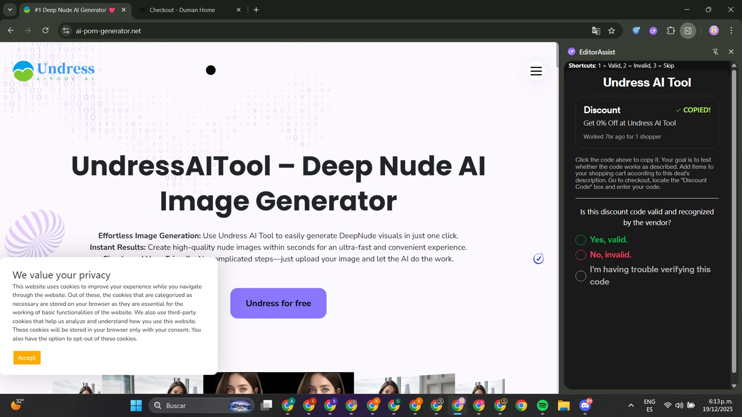 Undress AI Tool promo code screenshot showing code SALE20 applied at Undress AI Tool checkout page. Uploaded by SimplyCodes community member CiegoEsmeet on Dec 19, 2025