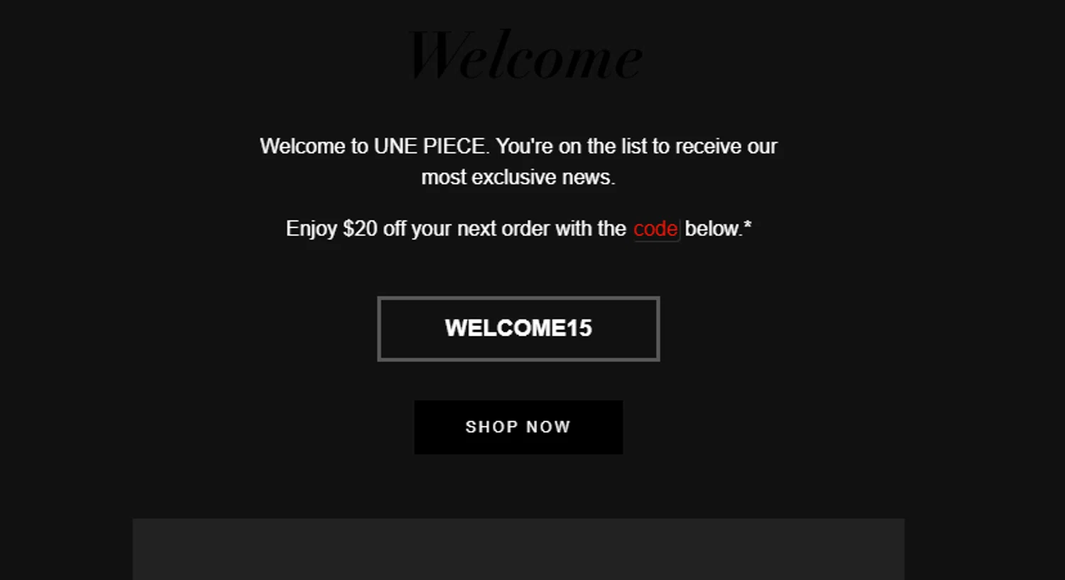 Une Piece discount code screenshot showing code WELCOME15 applied at Une Piece checkout page. Uploaded by SimplyCodes community member 111111 on May 14, 2025