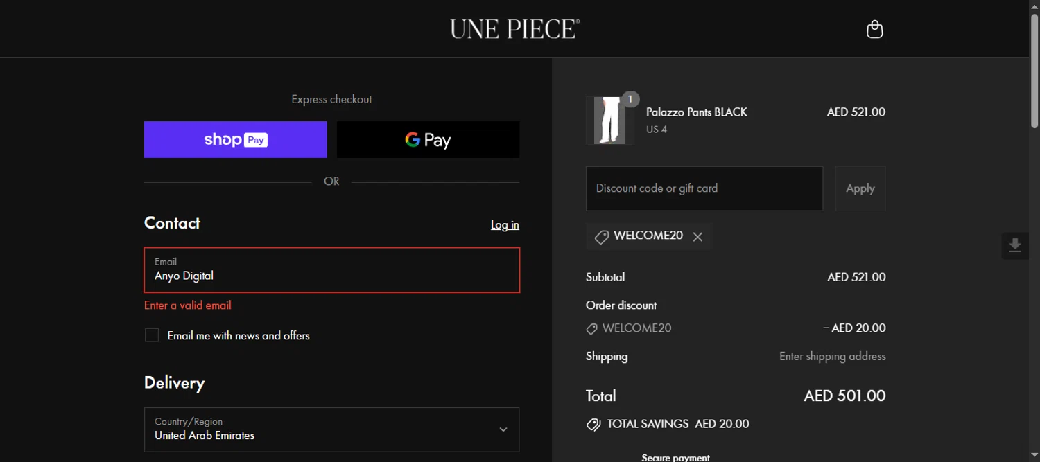 Une Piece discount code screenshot showing code WELCOME20 applied at Une Piece checkout page. Uploaded by SimplyCodes community member 111111 on Jul 4, 2025