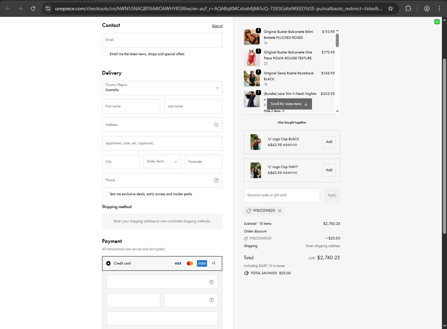Une Piece discount code screenshot showing code WELCOME20 applied at Une Piece checkout page. Uploaded by SimplyCodes community member yessy37 on Nov 19, 2025