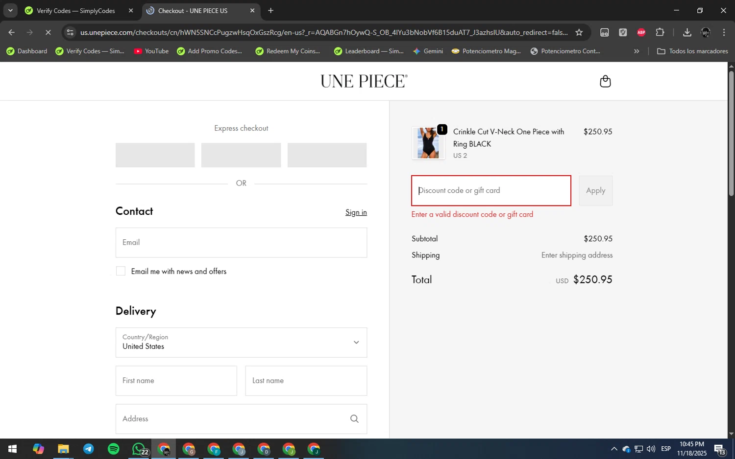 Une Piece discount code screenshot showing code IKNOWJASMINE applied at Une Piece checkout page. Uploaded by SimplyCodes community member ArizaJesus on Nov 19, 2025