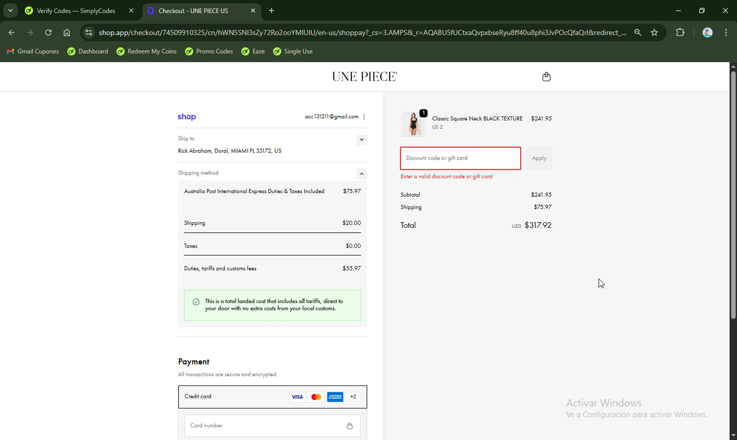 Une Piece discount code screenshot showing code IKNOWJASMINE applied at Une Piece checkout page. Uploaded by SimplyCodes community member LHaunter2 on Nov 19, 2025